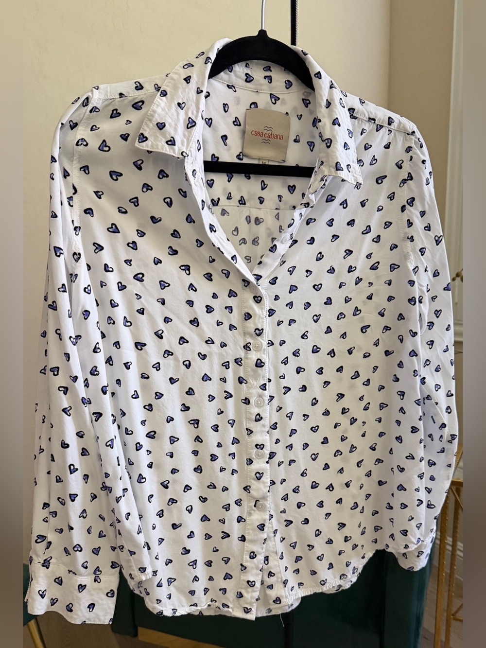 Casa Cabana White Button-Up Shirt with Navy Heart Print size M